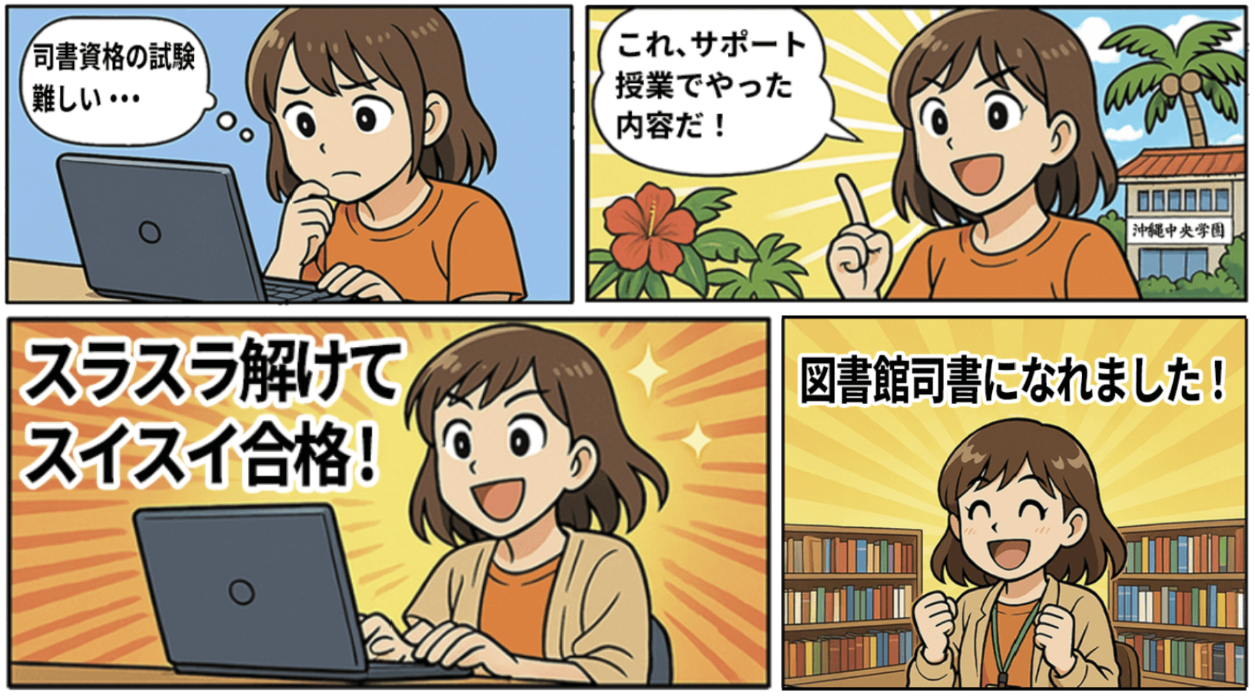 図書館司書資格の取得を目指す女性の4コマ漫画。1コマ目：パソコンを見つめて『司書資格の試験難しい…』と悩む様子。2コマ目：『これ、サポート授業でやった内容だ！』と明るい表情で発見する女性。背景には南国風の風景と『沖縄中央学園』の校舎。3コマ目：『スラスラ解けてスイスイ合格！』と喜びながらパソコン操作をする女性。4コマ目：『図書館司書になれました！』と満面の笑みで両拳を握りしめ、図書館らしい背景の中で喜ぶ姿。